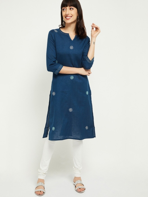 

max Women Blue & Off-White Embroidered A-Line Kurta