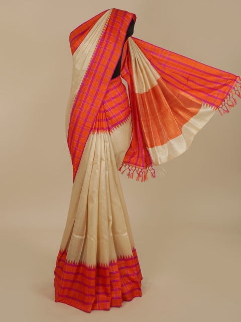 Pothys Cream-Coloured & Pink Jute Silk Solid Saree