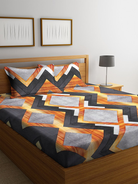 

NEUDIS Grey & Yellow Floral 180 TC Polycotton 1 King Bedsheet with 2 Pillow Covers