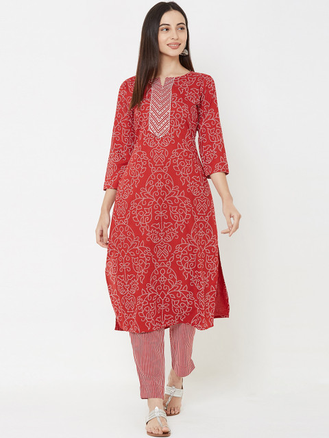 

FASHOR Women Red Printed Kurta with Trousers