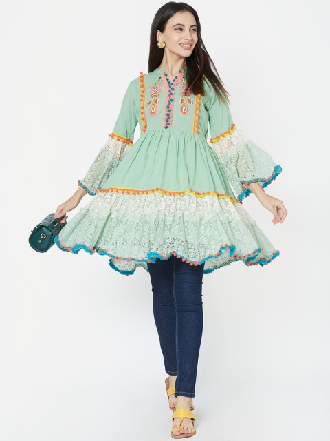 

FASHOR Women Green & Pink Embroidered A-Line Tiered Pure Cotton Kurti, Lime green