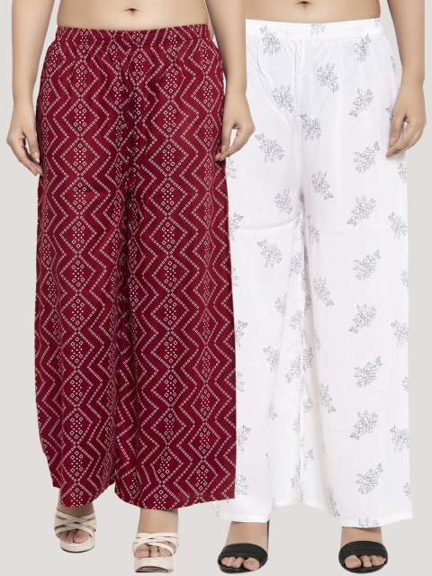 

KLOTTHE Women Set of 2 Maroon & Off-white Printed Straight Palazzos