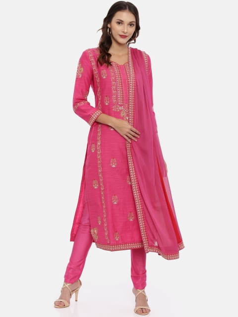 

Neerus Women Pink Embroidered Kurta with Churidar & Dupatta