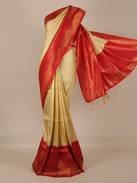 

Pothys Cream-Coloured & Red Jute Silk Woven Design Saree