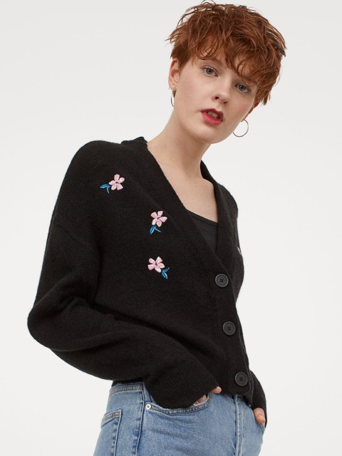 

H&M Women Black Embroidery-Detail Cardigan
