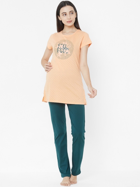 

Sweet Dreams Women Peach-Coloured & Teal Blue Printed Night suit