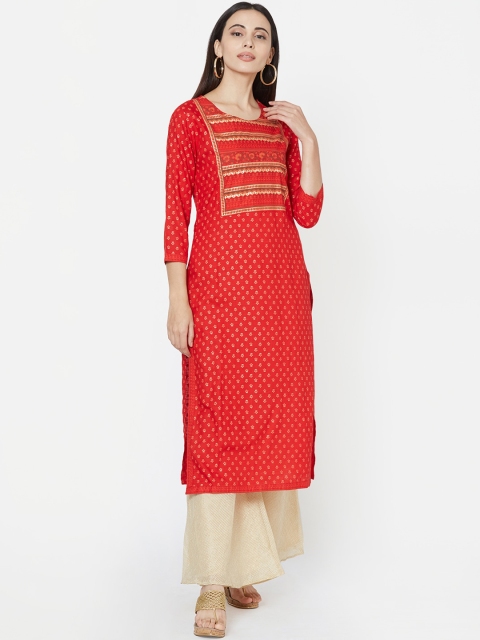 

FASHOR Women Red Woven Design Straight Kurta