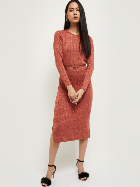 

max Women Orange Self Striped Sweater Dress
