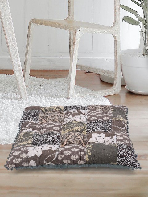 

Tistabene Brown & White Block Printed Patchwork Square Cushion With Filling