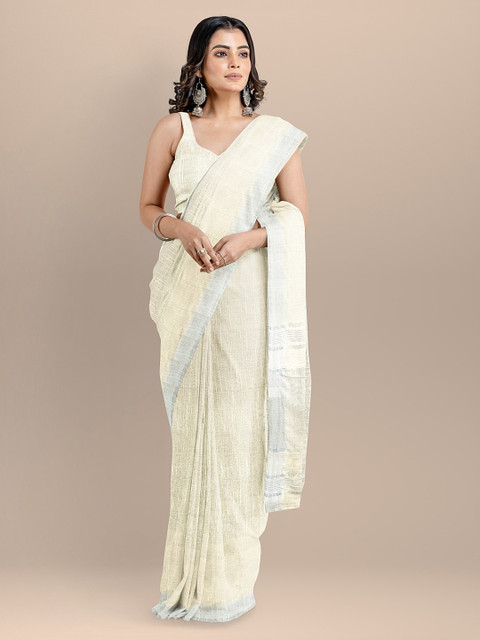 

BharatSthali Cream-Coloured Linen Blend Woven Design Bhagalpuri Handloom Sustainable Saree