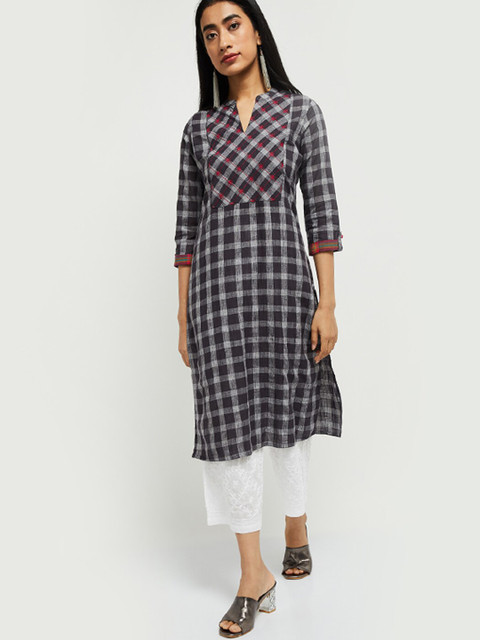 

max Women Grey & Black Checked Straight Kurta