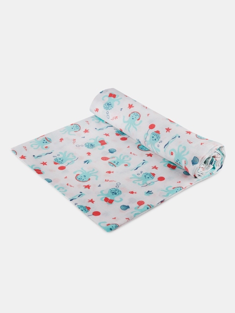 

Kaarpas Unisex Kids White & Blue Printed Organic Muslin Cotton Swaddle