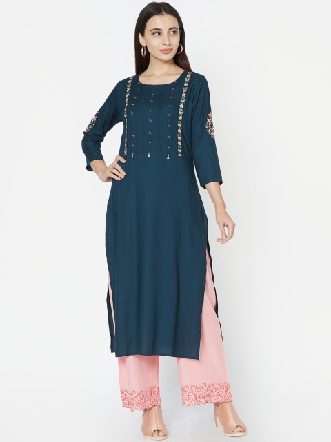 FASHOR Women Teal Blue & Pink Embroidered Straight Kurta