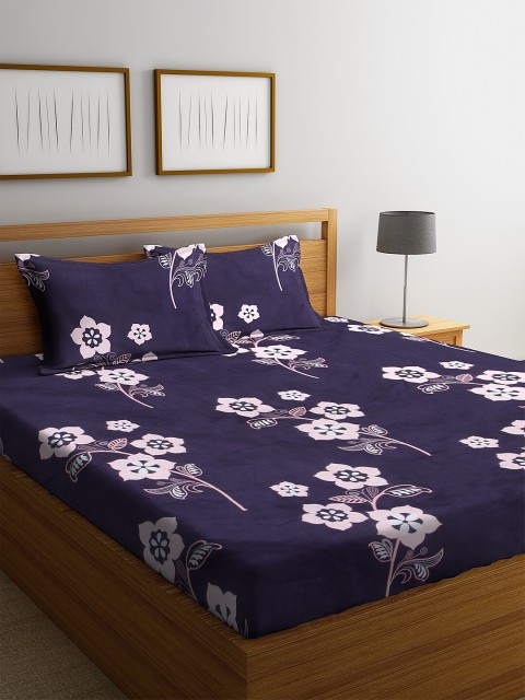 

NEUDIS Blue & White Floral 180 TC Polycotton 1 King Bedsheet with 2 Pillow Covers