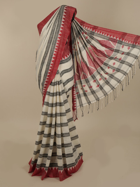 

Pothys Off-White Striped Jute Silk Saree
