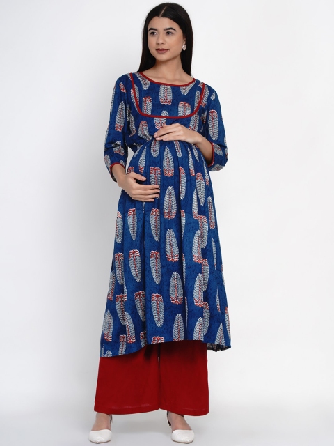 Mine4Nine Women Blue & Maroon Printed Kurta with Palazzos