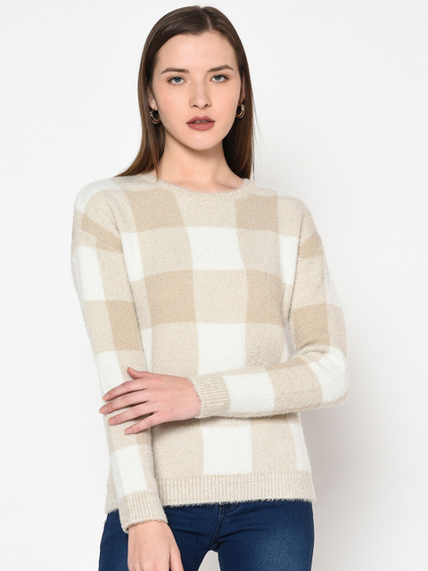 

METTLE Women Beige Checked Pullover Sweater