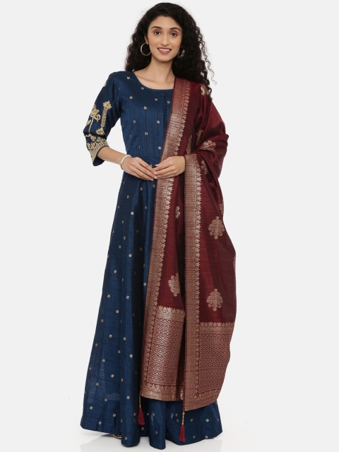 

Neerus Women Blue Woven Design Silk Anarkali Kurta with Trousers & Dupatta