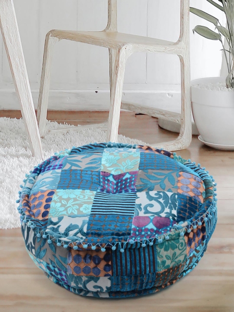 

Tistabene Blue & Grey Patchwork Burnout Velvet Round Floor Cushion