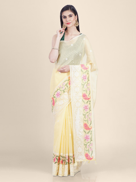 

Kasat Yellow Printed Silk Cotton Saree
