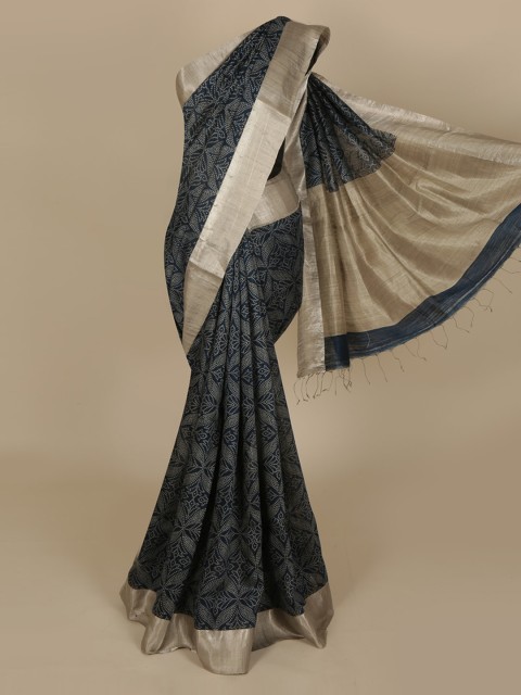 

Pothys Navy Blue & Gold-Toned Jute Silk Printed Saree