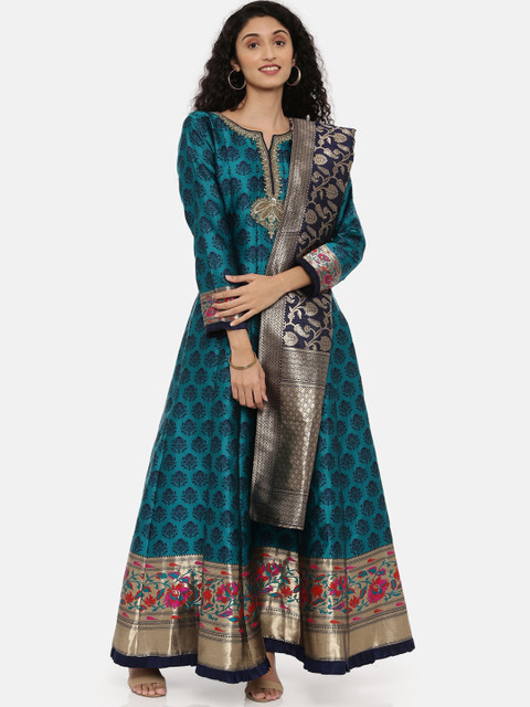 

Neerus Women Blue Printed Kurta with Churidar & Dupatta