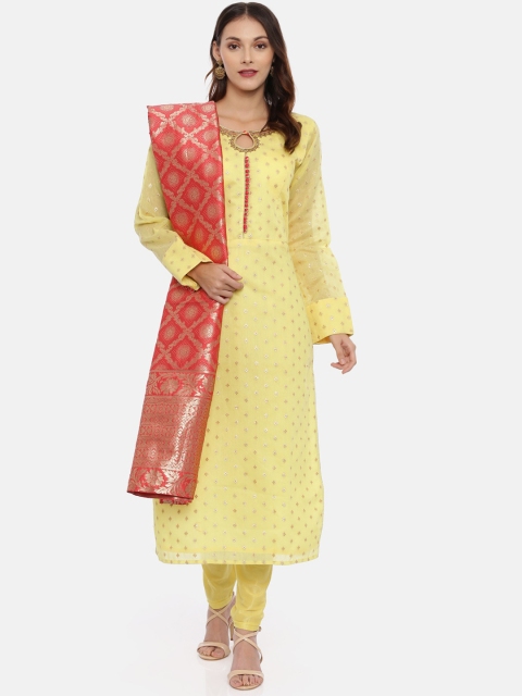 

Neerus Women Yellow Woven Design Kurta with Churidar & Dupatta