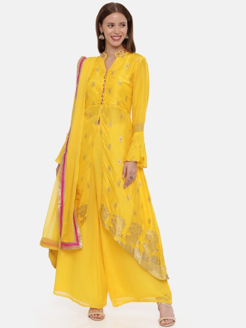 

Neerus Women Yellow Woven Design High Slit Kurta with Palazzos & Dupatta