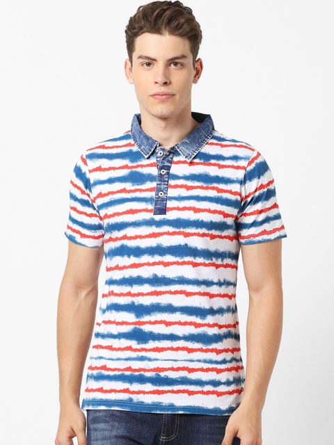 

MARCA Disati Men White & Blue Striped Polo Collar T-shirt
