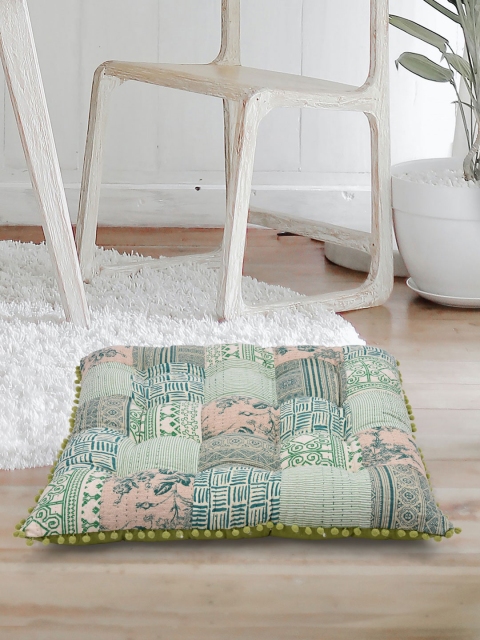 Tistabene Green & Blue Block Printed Round Cushion