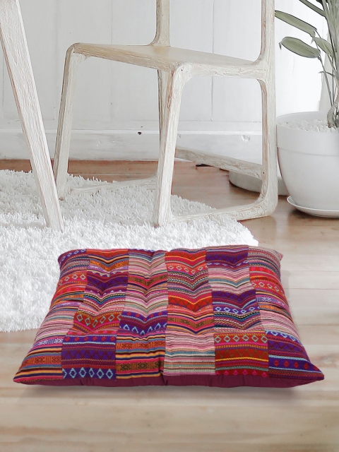 

Tistabene Maroon & Red Printed Patchwork Handloom Gaddi Square-Shaped Cushion
