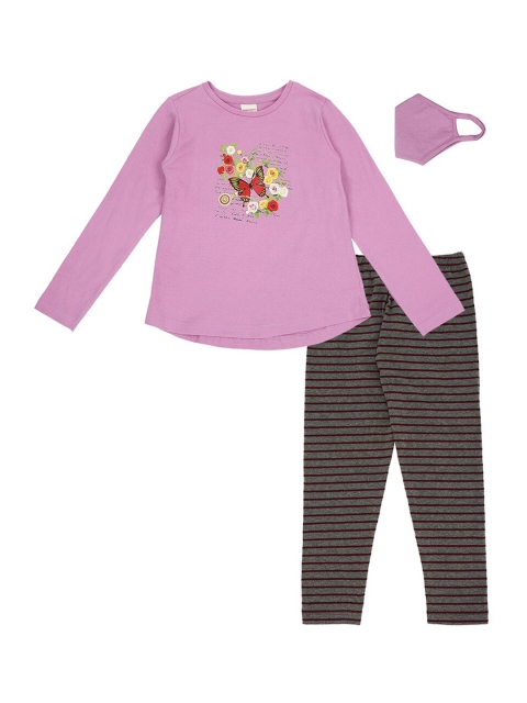 

RAINE AND JAINE Girls Purple & Grey Printed T-Shirt With Leggings and Mask