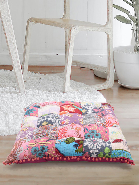 

Tistabene Blue & Pink Printed Patchwork Handloom Rectangle-Shaped Floor Cushion
