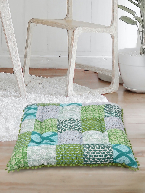 

Tistabene Blue & Green Printed Patchwork Handloom Gaddi Cushion