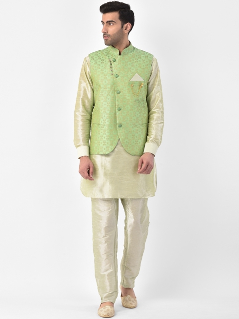 

SG LEMAN Men Lime Green & Gold-Toned Solid Kurta with Pyjamas & Nehru Jacket