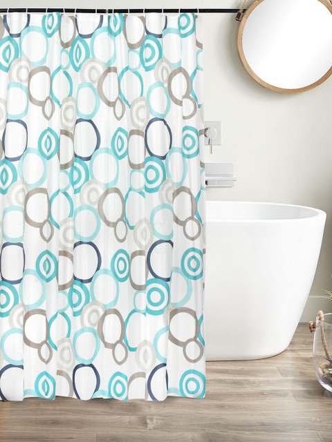 

Clasiko White & Blue Printed PVC Plastic Sustainable Bath Shower Curtain With Hooks