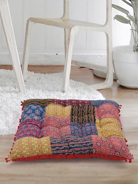 

Tistabene Pink & Blue Patchwork Handloom Pom-Pom Trim Square Cushion With Filling
