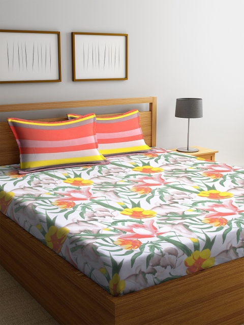 

BOMBAY DYEING White & Green Floral Printed 104 TC Cotton 1 Double Queen Bedsheet With 2 Pillow Covers