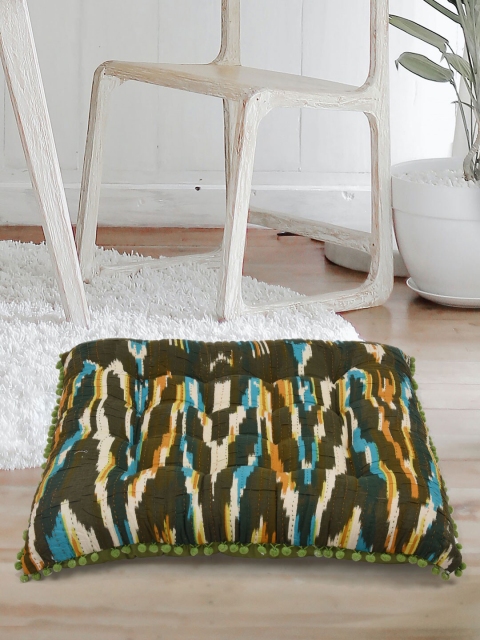 

Tistabene Blue & Green Ikat Printed Pom-Pom Trim Square Cushion With Filling