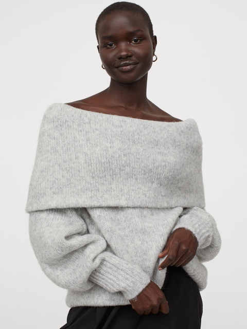 

H&M Women Grey Solid Off-The-Shoulder Jumper