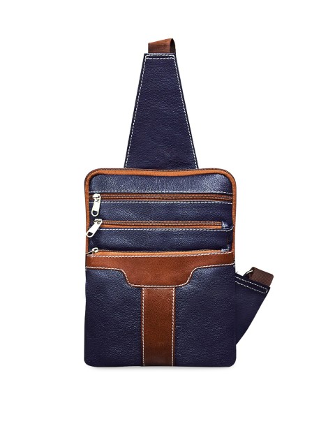 

ABYS Unisex Navy Blue & Brown Solid Leather Messenger Bag