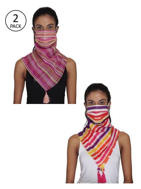 

Anekaant Women Pack Of 2 Printed 3-Ply Reusable Tesselled Scarf Style Fashion Masks, Pink