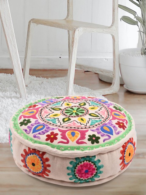 

Tistabene Beige & Red Mandala Embroidered Round Floor Cushion With Filling