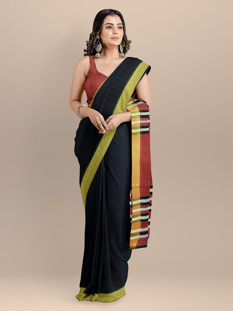 

BharatSthali Black & Red Linen Blend Woven Design Bhagalpuri Saree
