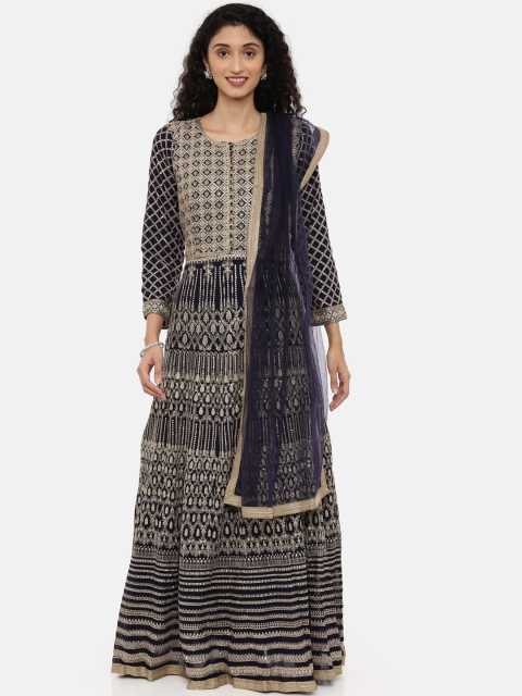 

Neerus Women Blue & Gold-Toned Woven Design Kurta with Palazzos & Dupatta