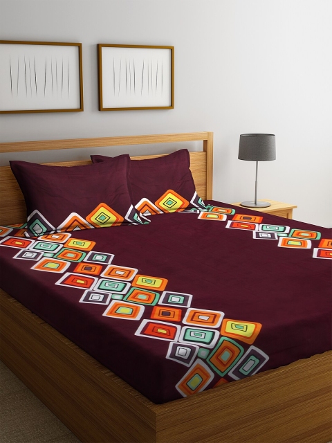 

NEUDIS Maroon Geometric 180 TC Polycotton 1 King Bedsheet with 2 Pillow Covers