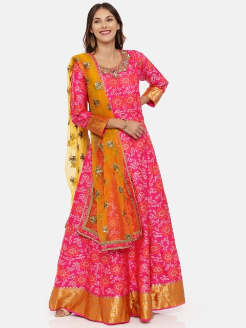 

Neerus Women Pink & White Printed Kurta with Trousers & Dupatta