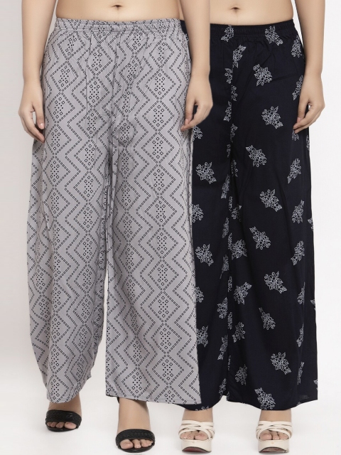 

KLOTTHE Women Pack Of 2 Grey & Navy Blue Printed Straight Palazzos