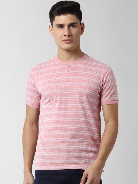 Peter England Casuals Men Pink Striped Henley Neck T-shirt