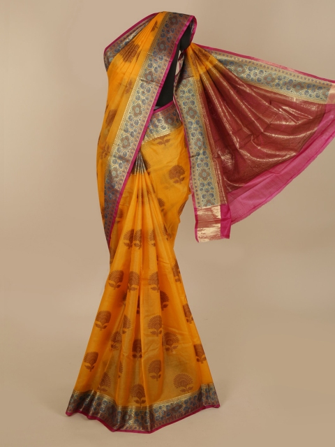 

Pothys Mustard Yellow Printed Jute Silk Saree